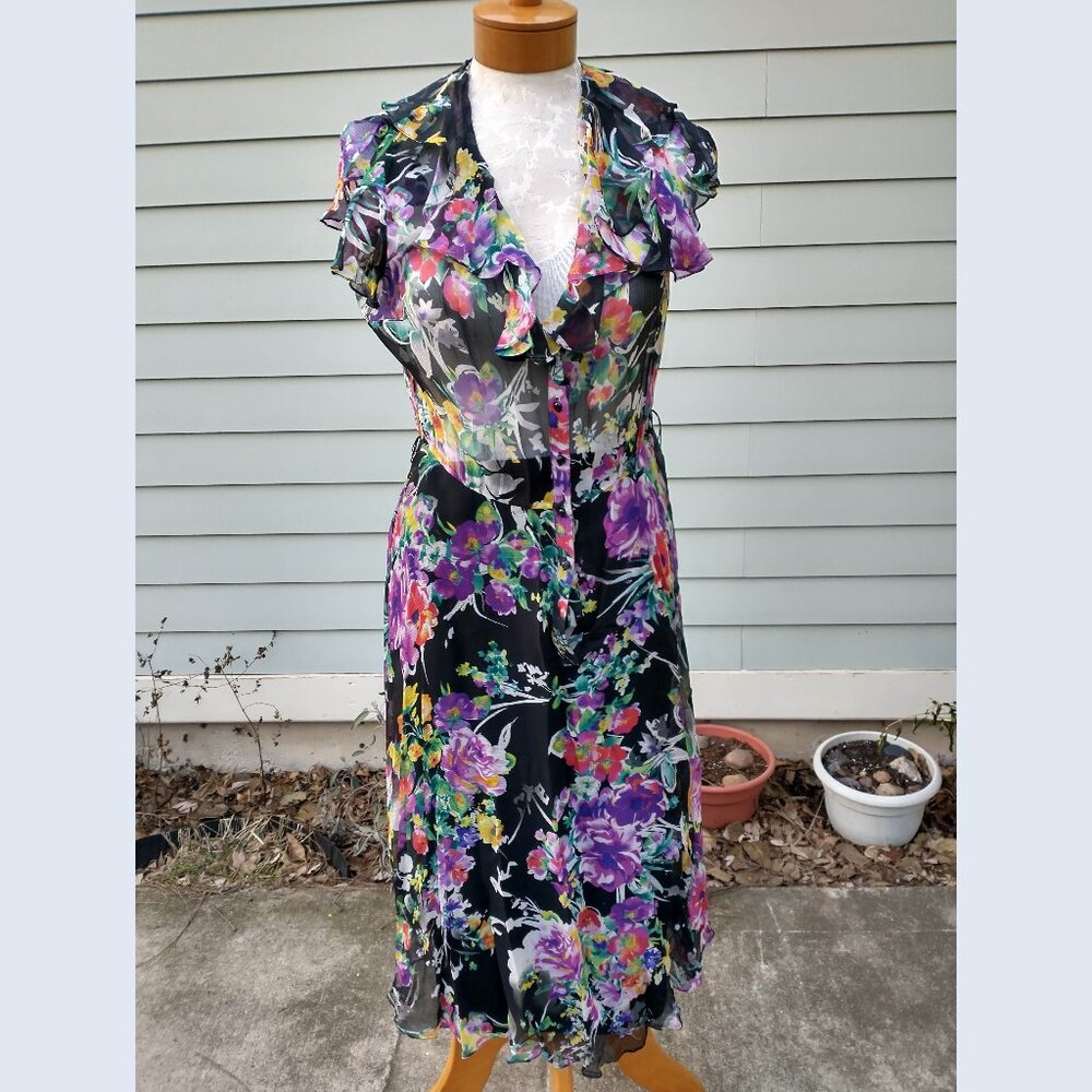 Dress: Silk, black/multicolored floral - by Ralph Lauren